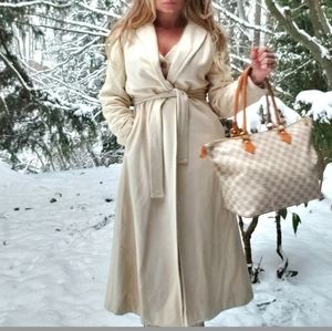 Vintage Full Length Long Cream Wrap Coat with Tie Waist Belt